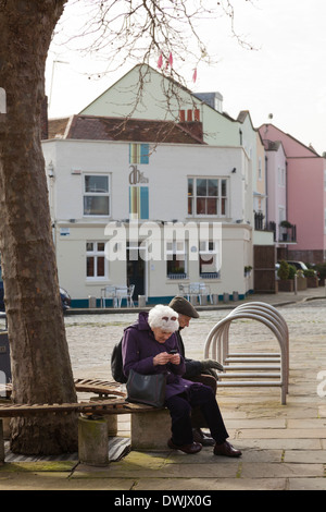 Couple de personnes âgées assis sur un banc arbre autour des SMS sur téléphone mobile. Banque D'Images