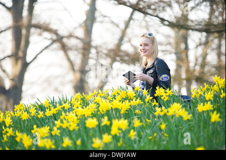 Une fille lire un livre tout en étant entouré par les jonquilles. Banque D'Images