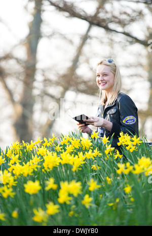 Une fille lire un livre tout en étant entouré par les jonquilles. Banque D'Images