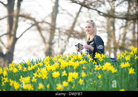 Une fille lire un livre tout en étant entouré par les jonquilles. Banque D'Images