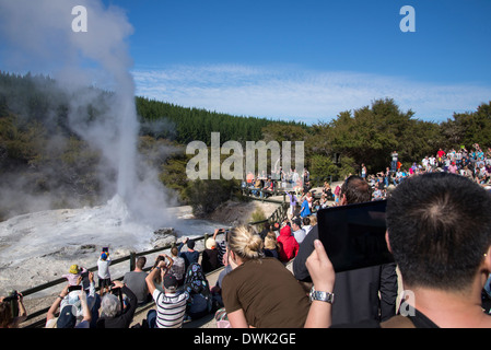 Regarder les gens lady knox geyser en éruption tout en prenant des photos avec des appareils photo et les tablettes Banque D'Images