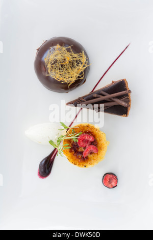 Trio de desserts, y compris la crème brûlée, flan au chocolat et chocolat bombe. Banque D'Images