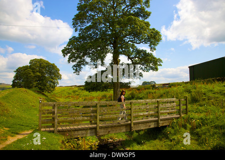 Femme marchant sur la passerelle près de randonneur Gilsland Mur d'Hadrien, Cumbria England Royaume-Uni Banque D'Images