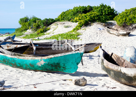 Canoës traditionnels faits à la main à partir d'un des pêcheurs locaux à gauche sur la plage de l'Île Rolas. Quirimbas, au Mozambique. Banque D'Images