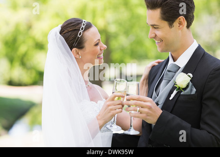 Newlywed couple toasting with champagne in park Banque D'Images