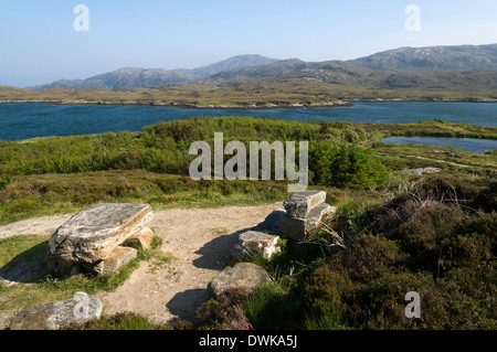 Table et bancs en pierre à une aire de pique-nique sur le chemin de la côte nord du Loch Eynort, South Uist, Western Isles, Ecosse, Royaume-Uni Banque D'Images