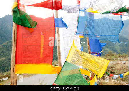 Drapeaux de prière bouddhiste flottant au vent à une route rurale près du col du SELA, de l'Arunachal Pradesh, Inde, Asie Banque D'Images