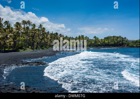 Plage de sable noir Punaluu sur Big Island, Hawaii, États-Unis d'Amérique, du Pacifique Banque D'Images