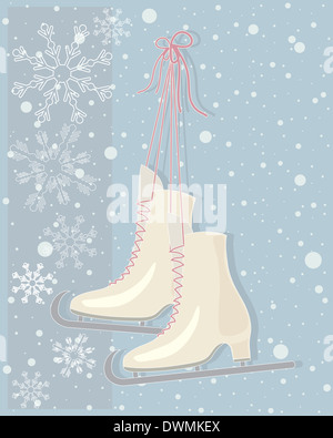 Une illustration d'une paire de patins à glace vintage avec lacets vieux rose sur un fond abstrait neige Banque D'Images