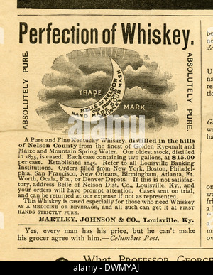 Publicité 1892, Belle de Nelson Old Fashioned Hand Made Sour Mash Whiskey par Bartley, Johnson & Co de Louisville, Kentucky. Banque D'Images