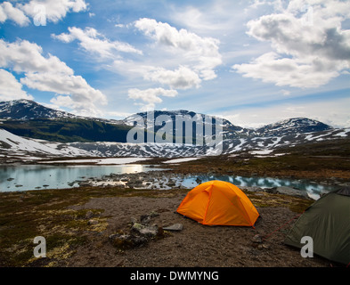 Deux tentes de tourisme en montagne, l'été, la Norvège Banque D'Images