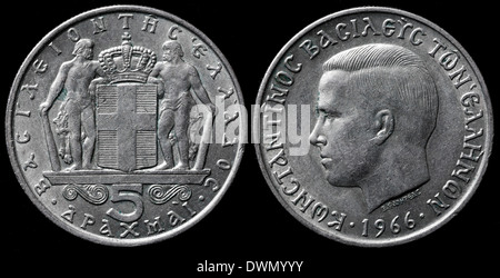 5 drachmai coin, le Roi Constantin II, Grèce, 1966 Banque D'Images