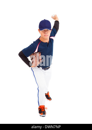 Toute la longueur du joueur de baseball pitcher throwing ball.isolated on white Banque D'Images