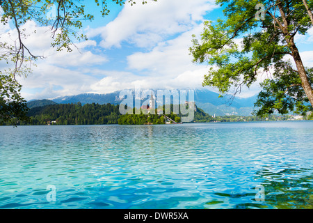 Panorama de l'île de Bled et une église sur elle, principale attraction touristique en Slovénie Banque D'Images