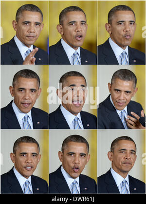 (140312) -- WASHINGTON, mars. 12, 2014 (Xinhua) -- le combo photo prise le 12 février 2014 montre le président des États-Unis, Barack Obama, s'exprimant dans l'East Room de la Maison Blanche à Washington, DC, aux Etats-Unis. Taux d'approbation d'Obama sinked à un nouveau plancher de 41  % en mars de 43 % en janvier, selon un sondage NBC/WSJ. (Xinhua/Yin Bogu)(sss) Banque D'Images