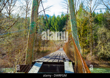 Très vieux swinging bridge traverse la rivière Siuslaw à London de l'oregon. Ce pont a été utilisé pour accéder à une ferme. Banque D'Images