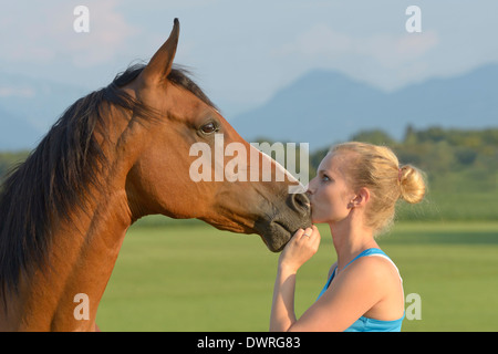 Jeune femme et son cheval arabe (à l'arrière-plan les Alpes bavaroises) Banque D'Images