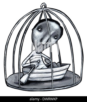 Image de l'homme illustration avec cage en bateau représentant l'esclavage Banque D'Images