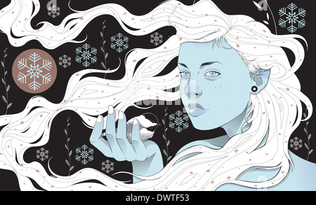 Image d'illustration de la belle jeune femme tenant Chickadee in snow Banque D'Images