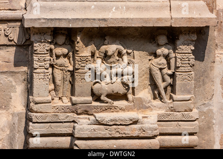 Divinités hindoues sculpté dans la pierre, Chand Baori Abhaneri étape bien, Village, Rajasthan, Inde. Construit 800-900A.D. Banque D'Images
