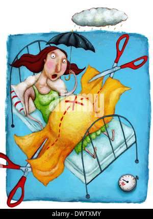 Illustration de peur femme subissant la livraison césarienne Banque D'Images