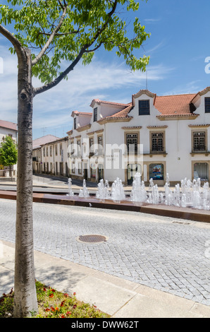 Route pavée et de l'eau des fontaines dans la ville de Castelo Branco, Portugal Banque D'Images