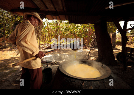 Moises Ibarra fait bouillir du jus de canne à sucre pour faire du Raspadura, un gâteau au sucre, dans la province de Cocle, République du Panama, Amérique centrale. Banque D'Images