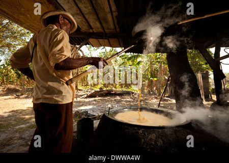 Moises Ibarra fait bouillir du jus de canne à sucre pour faire du Raspadura, un gâteau au sucre, dans la province de Cocle, République du Panama, Amérique centrale. Banque D'Images