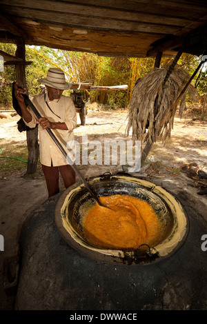 Moises Ibarra fait bouillir du jus de canne à sucre pour faire du Raspadura, un gâteau au sucre, dans la province de Cocle, République du Panama, Amérique centrale. Banque D'Images