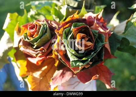 Deux roses tissé de feuilles d'automne, l'automne still life Banque D'Images