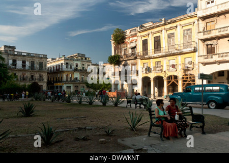 Des gens assis et parler sur des bancs dans un parc sur la Plaza del Cristo de Cuba, La Habana Vieja, La Havane, Cuba Banque D'Images