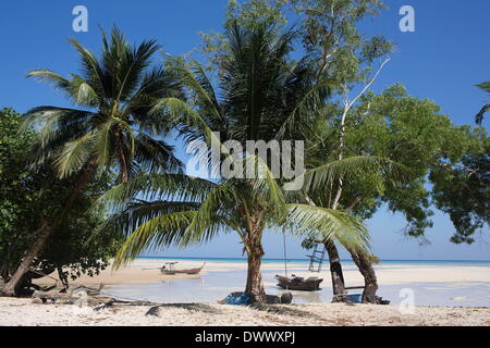 Mar 1, 2014 - Ko Surin, Thaïlande - Palmiers et bateaux à marée basse sur l'une des nombreuses plages le fourrage Moken sur dans le Parc National de Mu Koh Surin. Souvent appelé ou nomades de la mer, les gitans de la mer sont un peuple de marins Moken qui pendant des siècles a vécu sur la mer d Andaman déplace. Cependant, en raison de contrôles frontaliers plus strictes, la surpêche commerciale, développement rapide, et le tourisme, les Moken ont progressivement été forcée d'adopter un mode de vie sédentaire. Aujourd'hui, les Moken qui vivent dans le Parc National de Koh Surin, l'une des plus éloignées de la Thaïlande groupe d'îles, ont mieux que beaucoup de leurs parents et sont encore capables de Banque D'Images