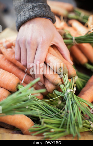 Portrait de l'homme d'acheter des carottes au marché intérieur Banque D'Images