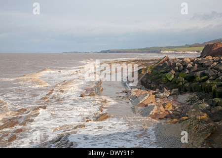 Le littoral de l'érosion de roches sédimentaires incliné avec plate-forme de coupe vague, Watchet, Somerset, Angleterre Banque D'Images