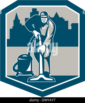 Illustration d'un nettoyeur de tapis nettoyeur aspirateur aspirateur travailleur avec la machine de nettoyage de tapis, vu de l'avant avec les bâtiments situés à l'intérieur fait en bouclier style rétro. Banque D'Images