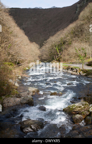 À l'aval de la vallée de la rivière Lyn à Watersmeet, près de Lynmouth, Exmoor national park, Devon, Angleterre Banque D'Images