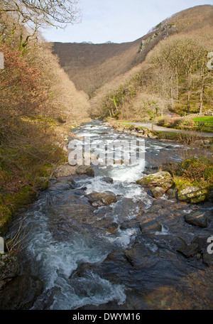 À l'aval de la vallée de la rivière Lyn à Watersmeet, près de Lynmouth, Exmoor national park, Devon, Angleterre Banque D'Images