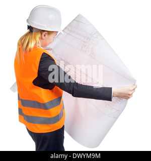 Femme ingénieur avec encombrement, isolated on white Banque D'Images