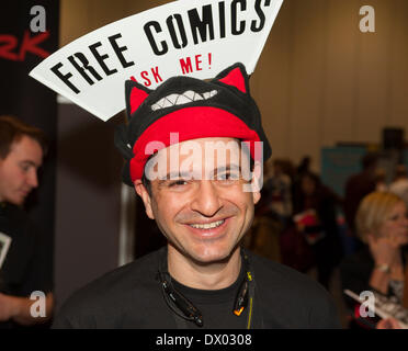 ExCel, Londres UK. 15 mars, 2014. La promotion de la bande dessinée à ExCel London le jour de l'ouverture de la troisième Convention de la Bande Dessinée Super London Crédit : Malcolm Park editorial/Alamy Live News Banque D'Images