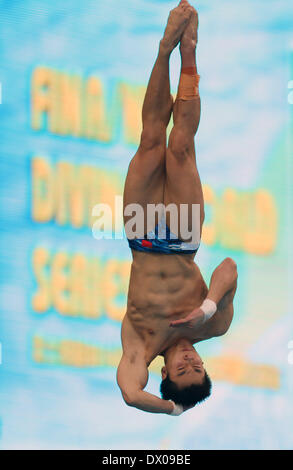 Beijing, Chine. Mar 16, 2014. Cao Yuan de la concurrence de la Chine au cours de la plate-forme de 10m à la finale de la Série mondiale FINA 2014 à Beijing, capitale de Chine, le 16 mars 2014. Cao Yuan a remporté la médaille d'or avec 579,45 points. Credit : Bai Xuefei/Xinhua/Alamy Live News Banque D'Images