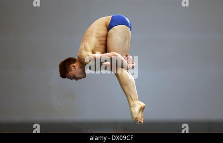 Beijing, Chine. Mar 16, 2014. Tom Daley de la Grande-Bretagne fait concurrence au cours de la plate-forme de 10m hommes finale aux World Series FINA 2014 à Beijing, capitale de Chine, le 16 mars 2014. Tom Daley a remporté la médaille de bronze avec 525,05 points. Credit : Bai Xuefei/Xinhua/Alamy Live News Banque D'Images