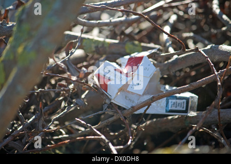 Paquet de cigarettes jetés sur une réserve naturelle à Weymouth, Dorset. Banque D'Images