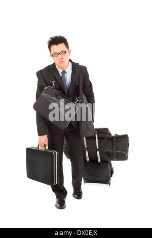 Businessman taking épuisé tous les sacs et valises isolated on white Banque D'Images