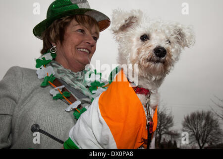 Manchester UK, 16 mars 2014. Marie Wrynne, avec l'Arc, à Schnauzer St Patrick's Day procession religieuse à Manchester. Fête de la Saint Patrick (Irlandais : Lá Fhéile Pádraig, 'le jour de la fête de Patrick') est une fête religieuse et culturelle célébrée chaque année le 17 mars, la date de décès de la plus couramment reconnu patron de l'Irlande, Saint Patrick. Credit : Cernan Elias/Alamy Live News Banque D'Images