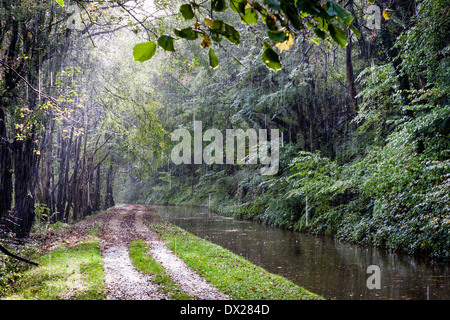 Monmouthshire et chemin de halage du canal de Brecon dans Heavy Rain. Banque D'Images