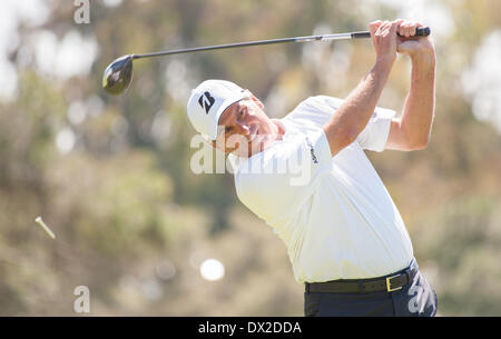 Newport Beach, Californie, USA. Mar 16, 2014. Fred Couples regarde son lecteur sur le deuxième trou lors de la ronde finale de la Classique de Toshiba à la Newport Beach Country Club le 16 mars 2014 à Newport Beach, en Californie. © Doug Gifford/ZUMAPRESS.com/Alamy Live News Banque D'Images