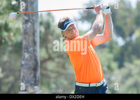 Newport Beach, Californie, USA. Mar 16, 2014. Bernhard Langer regarde son lecteur sur le deuxième trou lors de la ronde finale de la Classique de Toshiba à la Newport Beach Country Club le 16 mars 2014 à Newport Beach, en Californie. © Doug Gifford/ZUMAPRESS.com/Alamy Live News Banque D'Images