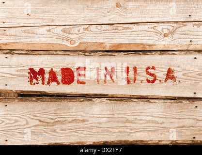 Made in USA. Label Rouge sur le côté boîte en bois Banque D'Images