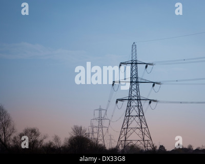 Rangée de pylônes au crépuscule Banque D'Images