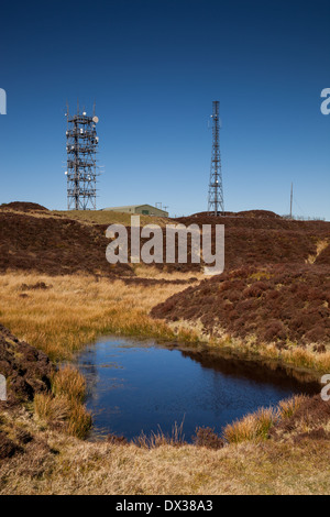 Étang et transmetteurs et mâts d'antenne sur Abdon Burf sur le sommet du Brown Clee Hill, Shropshire Banque D'Images